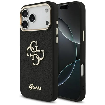 Guess Fiksuotas Blizgučių Dėklas su Metaliniu Rėmeliu iPhone 17 Pro Max (juodas)