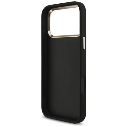 Guess Fiksuotas Blizgučių Dėklas su Metaliniu Rėmeliu iPhone 17 Pro Max (juodas)