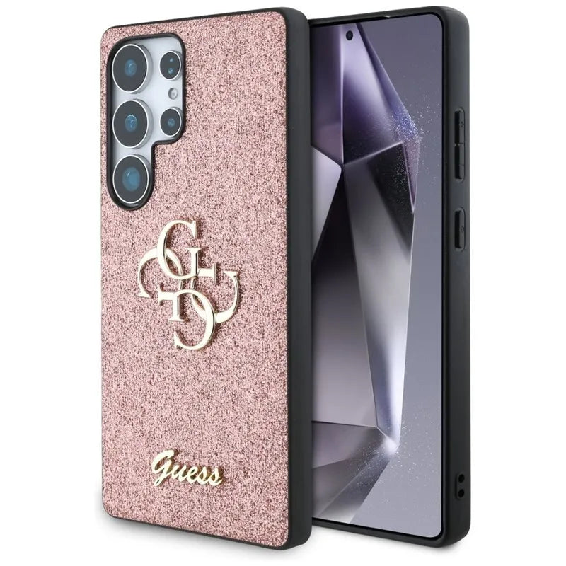Guess fiksuoti blizgučiai Didelis 4G metalinis logotipas – Dėklas, skirtas Samsung Galaxy S25 Ultra (rožinis)