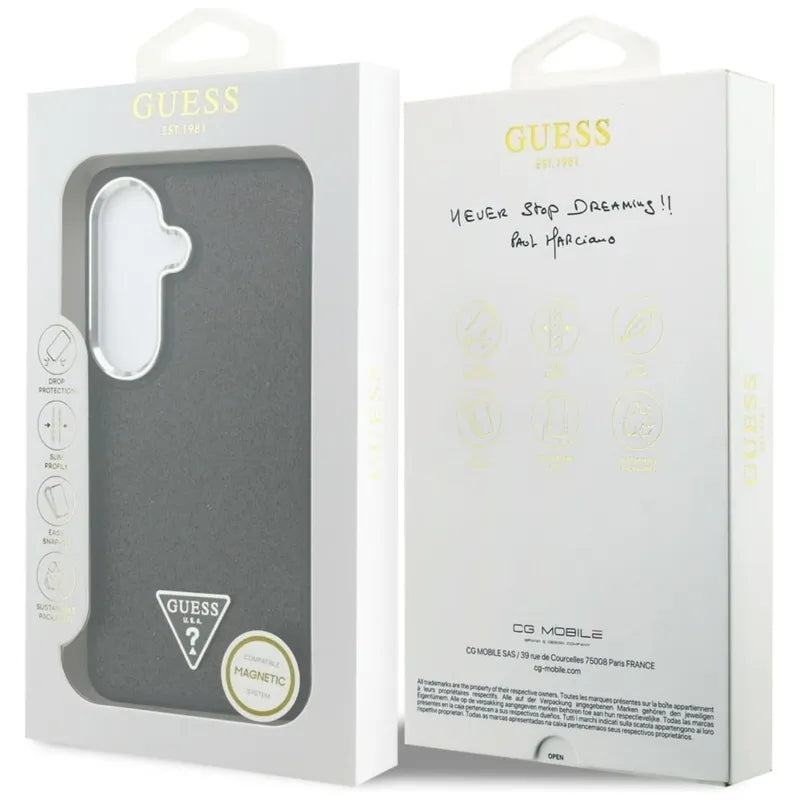 Guess Fixed Glitter Triangle MagSafe dėklas - Samsung Galaxy S26 dėklas (juodas)