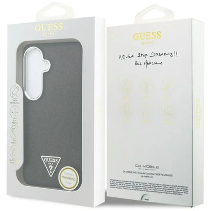 Guess Fixed Glitter Triangle MagSafe dėklas - Samsung Galaxy S26 dėklas (juodas)