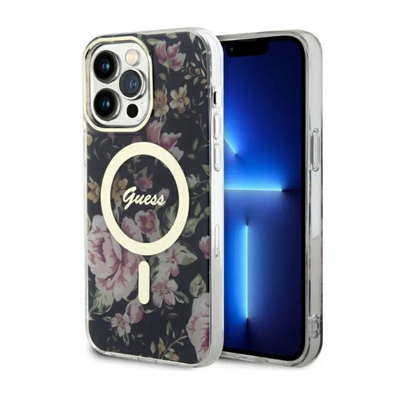 Guess Flower MagSafe – dėklas „iPhone 14 Pro Max“ (juodas)