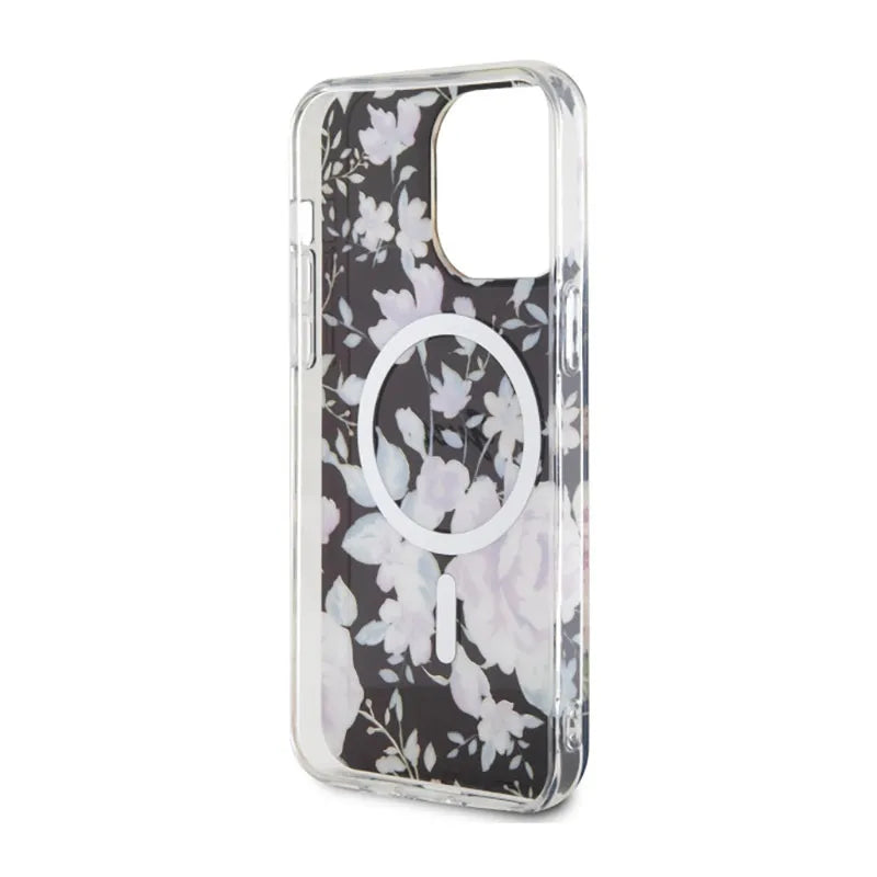 Guess Flower MagSafe – dėklas „iPhone 14 Pro Max“ (juodas)
