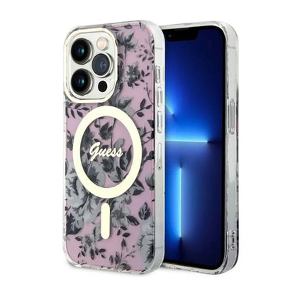 Guess Flower MagSafe – dėklas iPhone 14 Pro (rožinis)