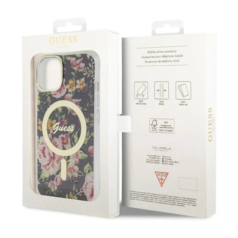 Guess Flower MagSafe – dėklas, skirtas iPhone 14 (juodas)