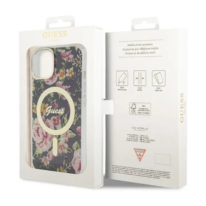 Guess Flower MagSafe – dėklas, skirtas iPhone 14 (juodas)