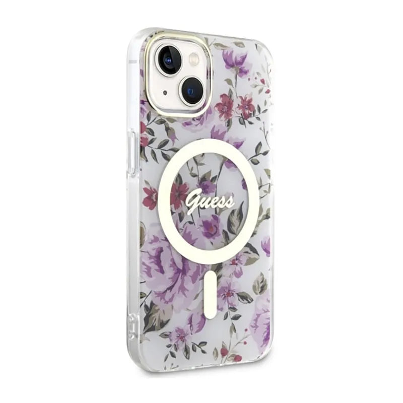 Guess Flower MagSafe – dėklas, skirtas iPhone 14 Plus (skaidrus)