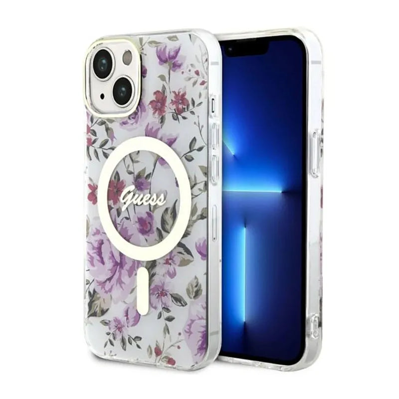 Guess Flower MagSafe – dėklas, skirtas iPhone 14 Plus (skaidrus)