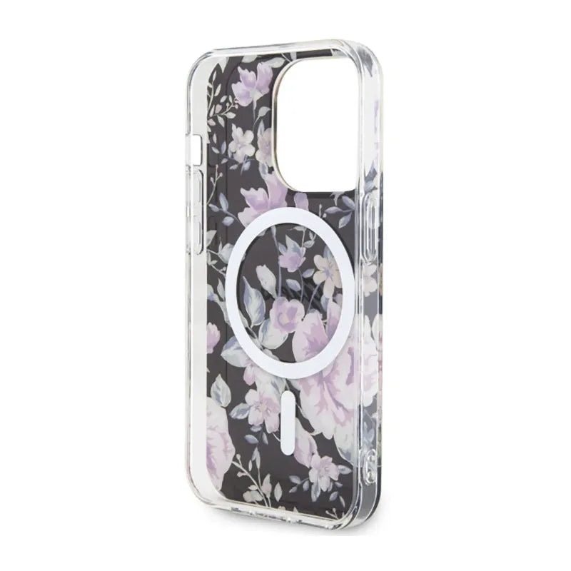 Guess Flower MagSafe – dėklas, skirtas iPhone 14 Pro (juodas)