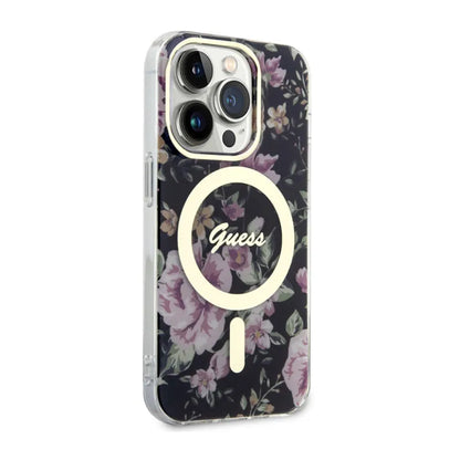Guess Flower MagSafe – dėklas, skirtas iPhone 14 Pro (juodas)
