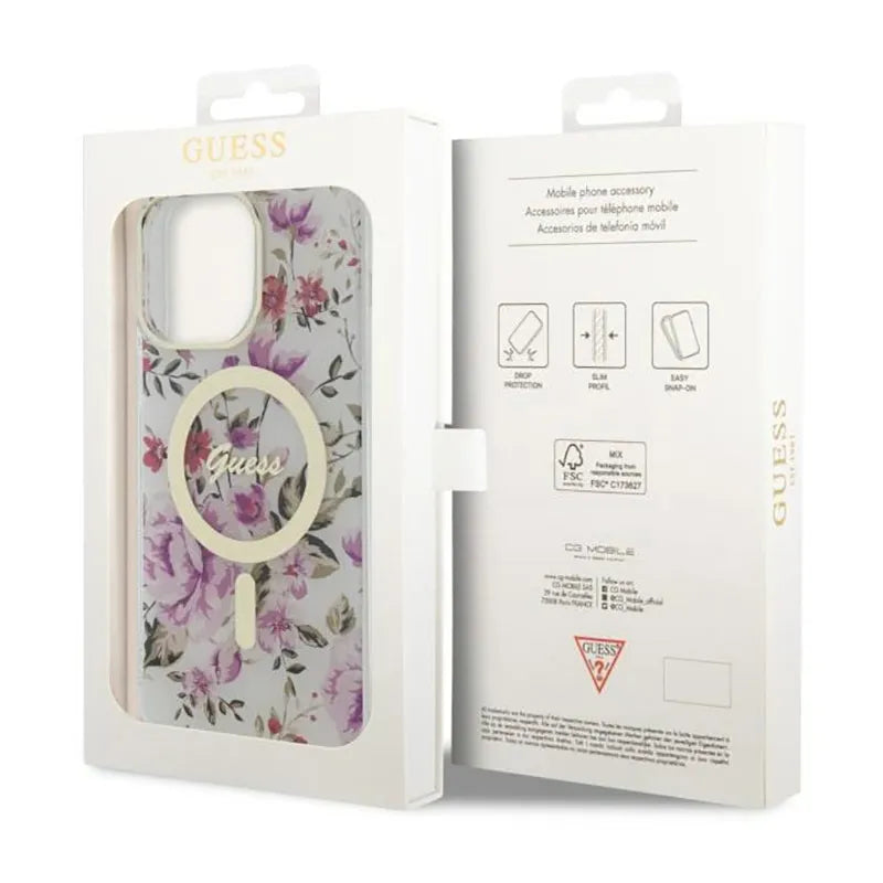 Guess Flower MagSafe – dėklas, skirtas iPhone 14 Pro Max (skaidrus)