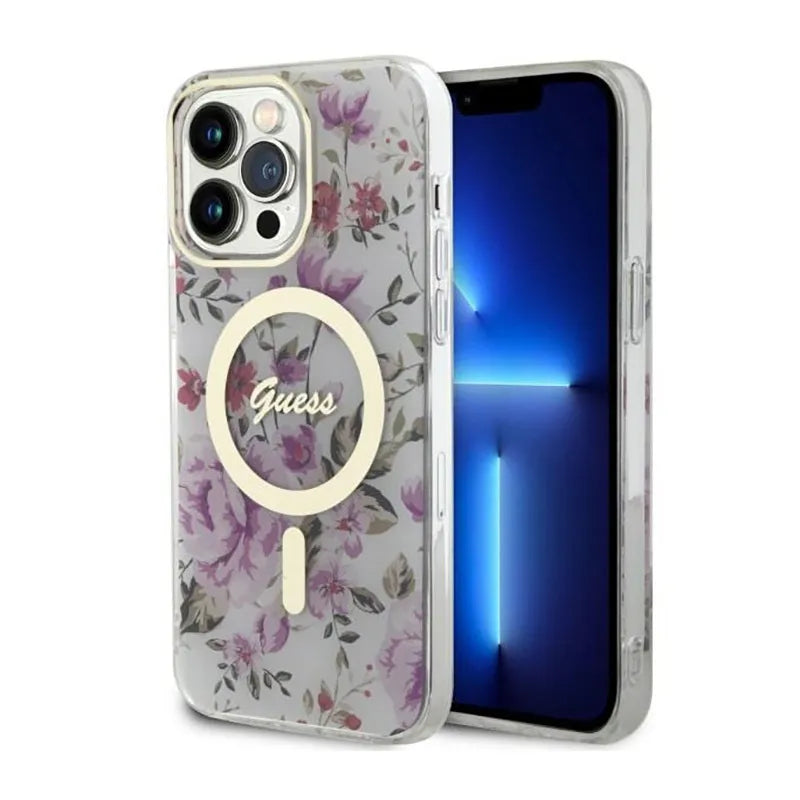 Guess Flower MagSafe – dėklas, skirtas iPhone 14 Pro Max (skaidrus)