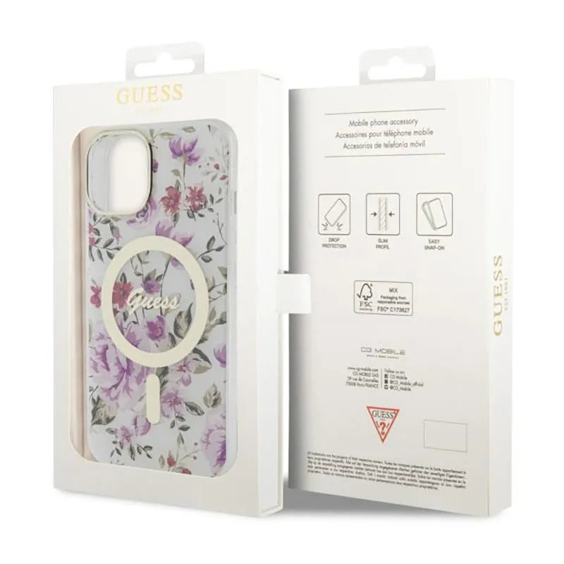 Guess Flower MagSafe – dėklas, skirtas iPhone 14 (skaidrus)