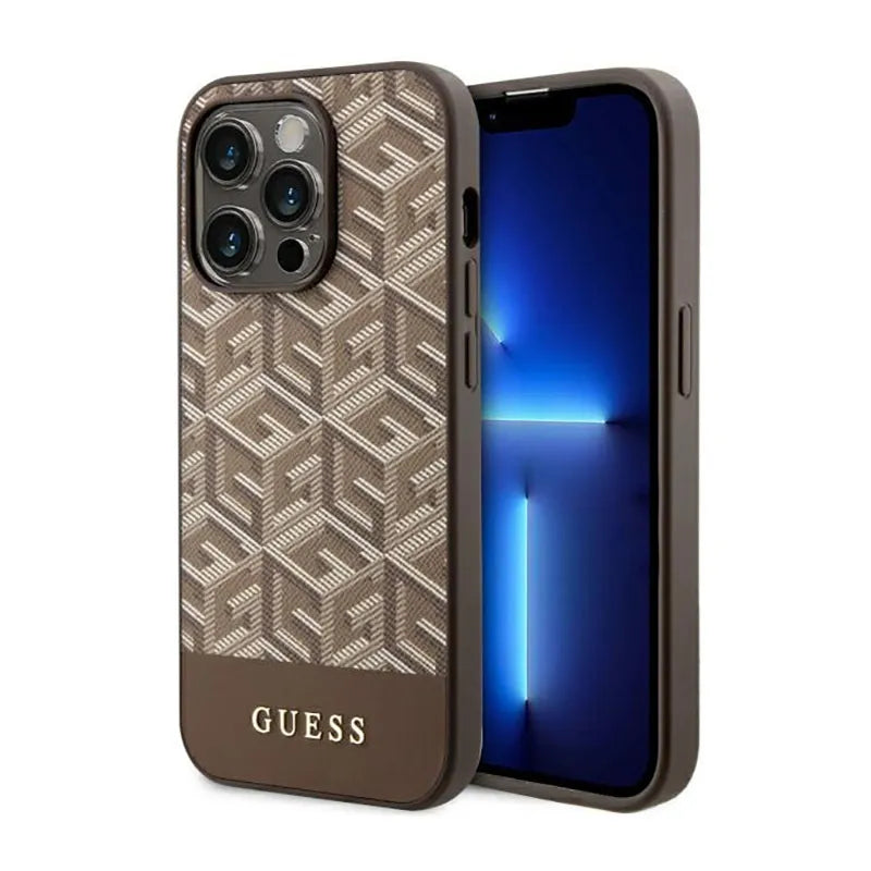 Guess GCube Stripes MagSafe – Dėklas, skirtas „iPhone 14 Pro Max“ (ruda)