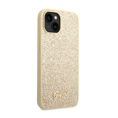 Guess Glitter Flakes Metal Logo dėklas - dėklas, skirtas iPhone 14 (auksinis)