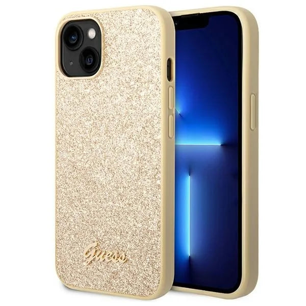 Guess Glitter Flakes Metal Logo dėklas - dėklas, skirtas iPhone 14 (auksinis)