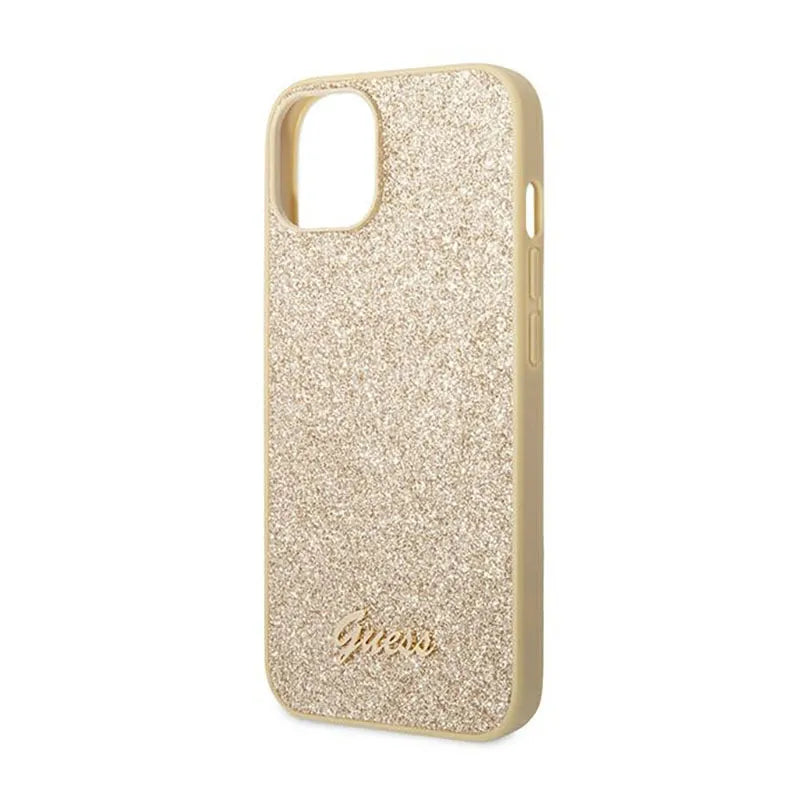 Guess Glitter Flakes Metal Logo dėklas - dėklas, skirtas iPhone 14 (auksinis)