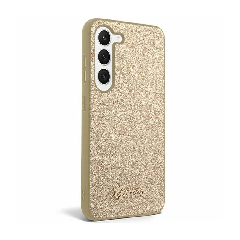 Guess Glitter Flakes Metal Logo dėklas - Dėklas skirtas Samsung Galaxy S24+ (auksinis)