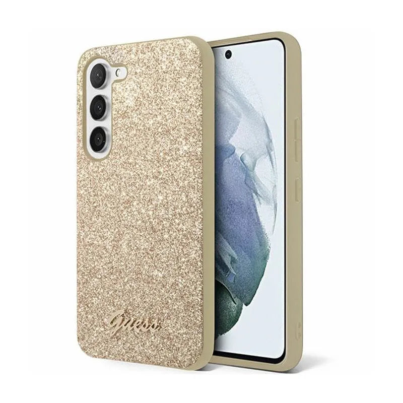 Guess Glitter Flakes Metal Logo dėklas - Dėklas skirtas Samsung Galaxy S24+ (auksinis)