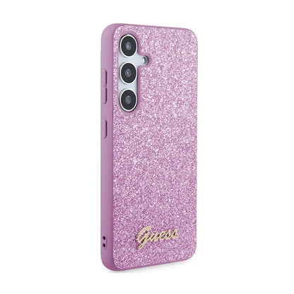 Guess Glitter Flakes Metal Logo dėklas – dėklas, skirtas Samsung Galaxy S24 (violetinė)