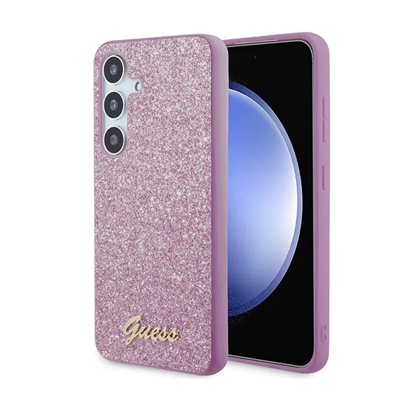 Guess Glitter Flakes Metal Logo dėklas – dėklas, skirtas Samsung Galaxy S24 (violetinė)