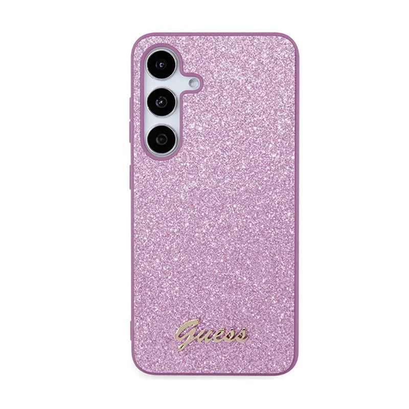 Guess Glitter Flakes Metal Logo dėklas – dėklas, skirtas Samsung Galaxy S24 (violetinė)