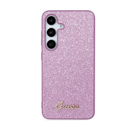 Guess Glitter Flakes Metal Logo dėklas – dėklas, skirtas Samsung Galaxy S24 (violetinė)