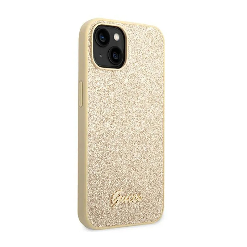 "Guess Glitter Flakes" metalinis dėklas su logotipu - "iPhone 14 Plus" dėklas (auksinis)
