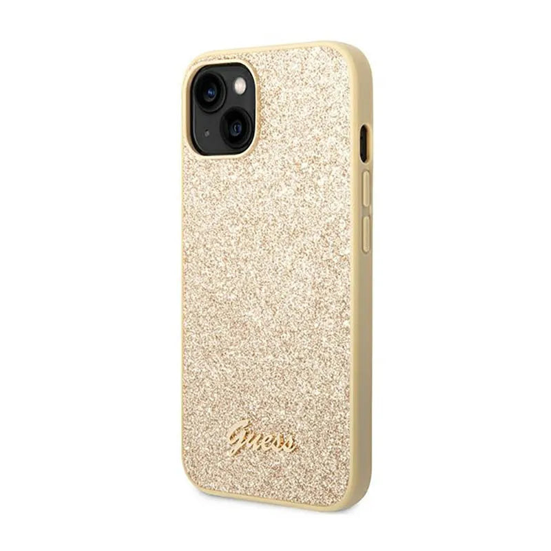 "Guess Glitter Flakes" metalinis dėklas su logotipu - "iPhone 14 Plus" dėklas (auksinis)