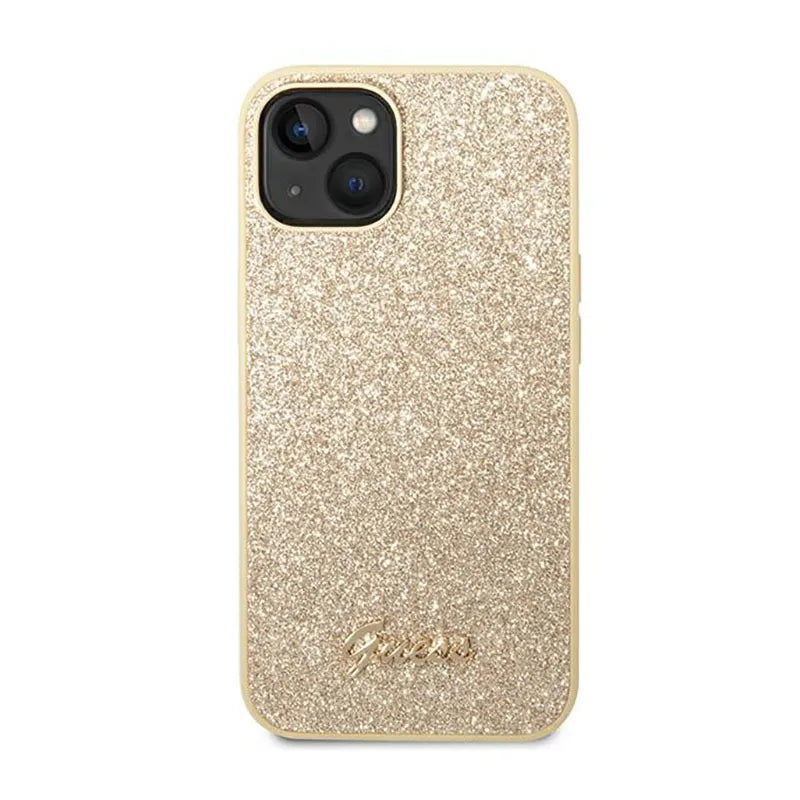 "Guess Glitter Flakes" metalinis dėklas su logotipu - "iPhone 14 Plus" dėklas (auksinis)
