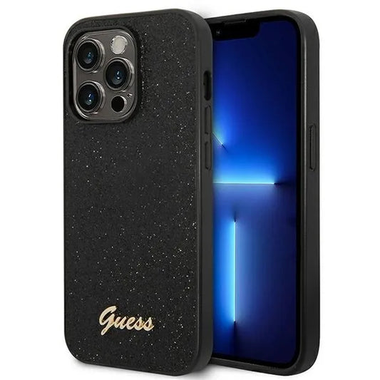 "Guess Glitter Flakes" metalinis dėklas su logotipu - "iPhone 14 Pro" dėklas (juodas)
