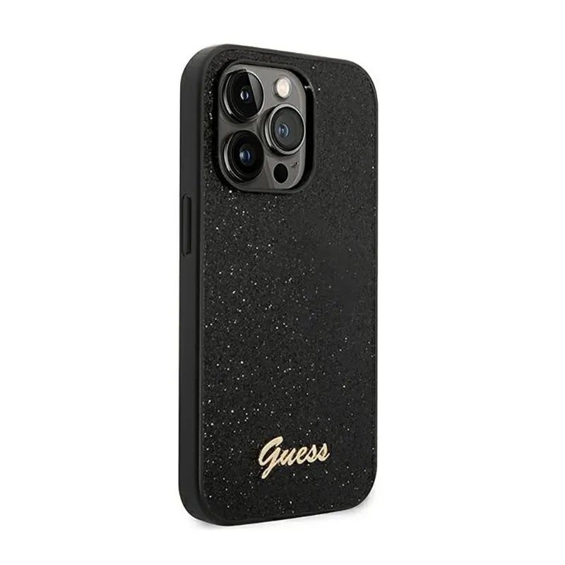"Guess Glitter Flakes" metalinis dėklas su logotipu - "iPhone 14 Pro" dėklas (juodas)