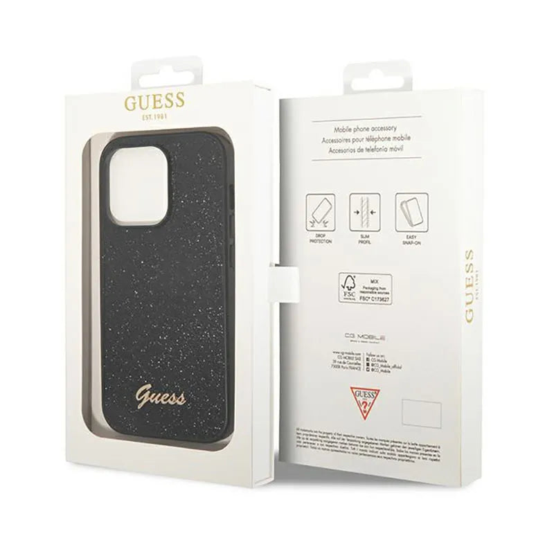 "Guess Glitter Flakes" metalinis dėklas su logotipu - "iPhone 14 Pro" dėklas (juodas)