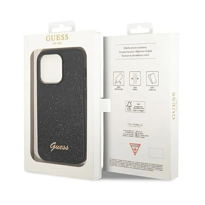 "Guess Glitter Flakes" metalinis dėklas su logotipu - "iPhone 14 Pro" dėklas (juodas)