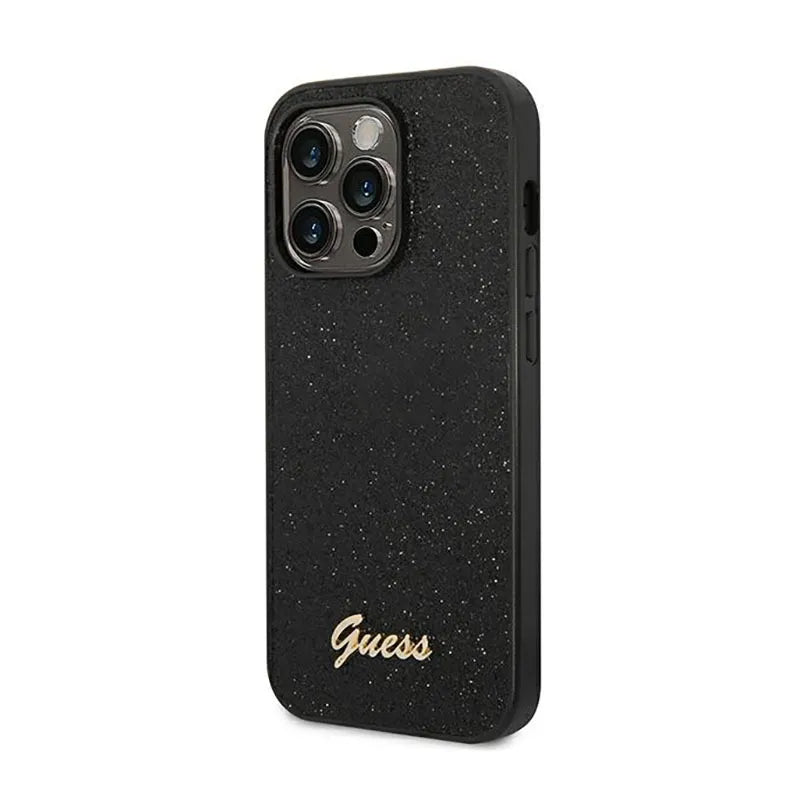 "Guess Glitter Flakes" metalinis dėklas su logotipu - "iPhone 14 Pro" dėklas (juodas)