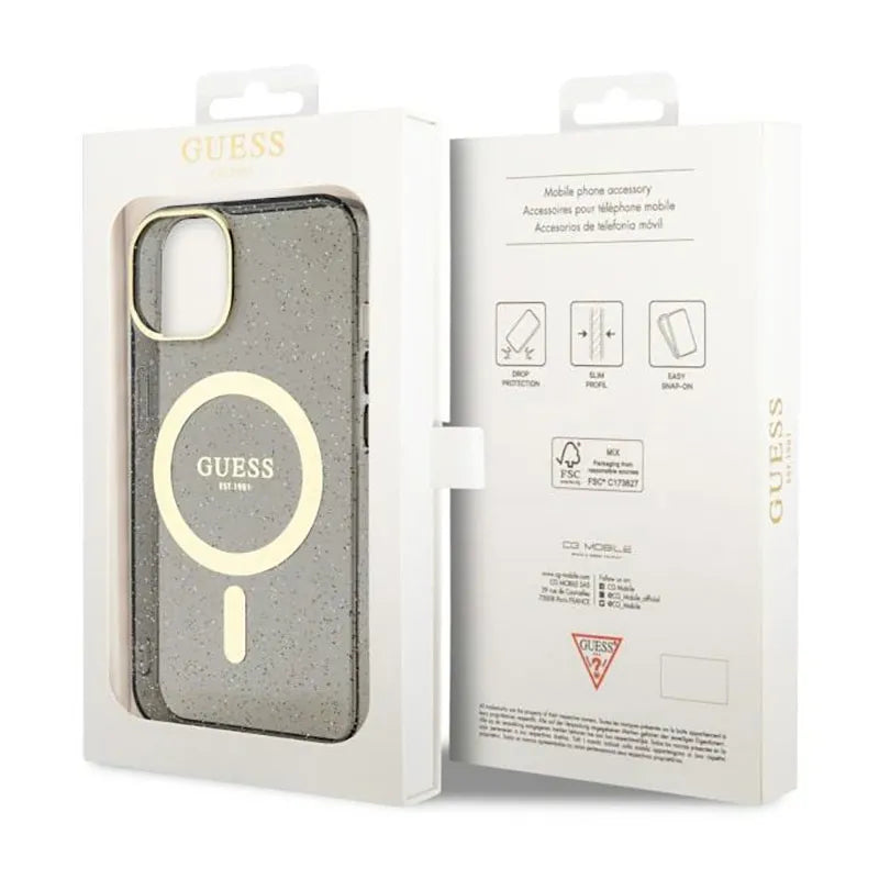 Guess Glitter Gold MagSafe – dėklas iPhone 14 (juodas)