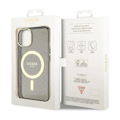 Guess Glitter Gold MagSafe – dėklas iPhone 14 (juodas)
