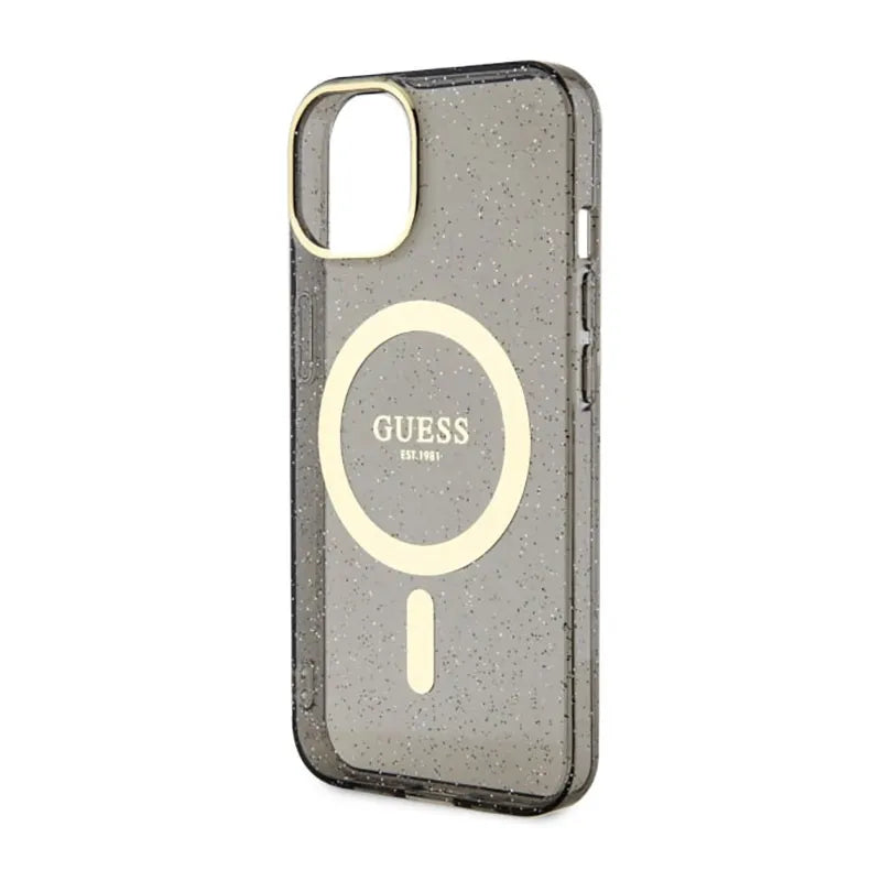 Guess Glitter Gold MagSafe – dėklas iPhone 14 (juodas)