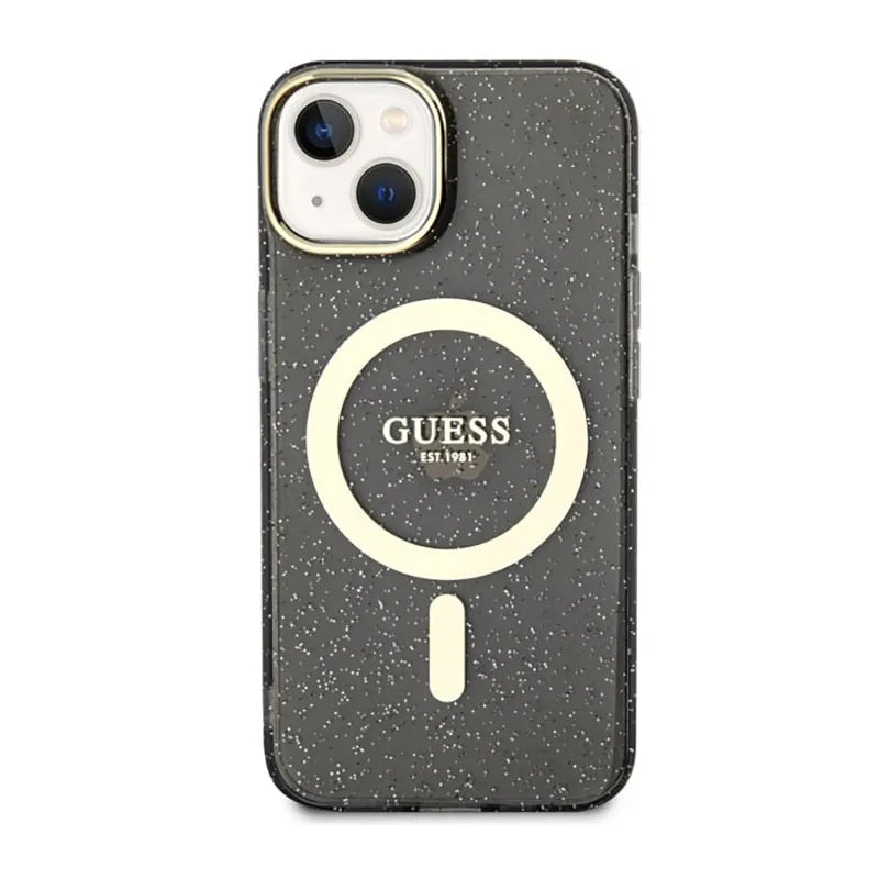 Guess Glitter Gold MagSafe – dėklas iPhone 14 (juodas)