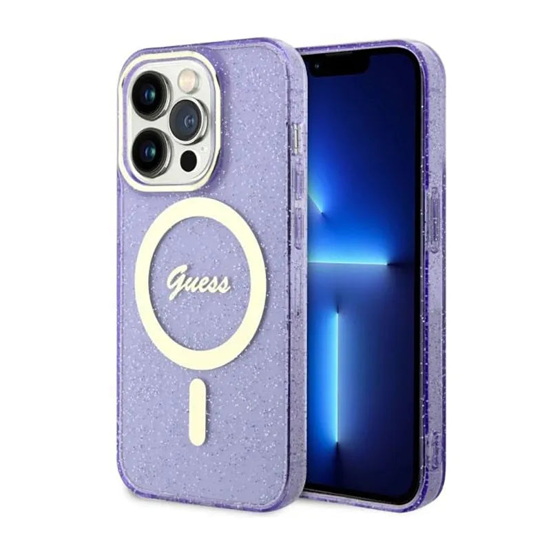 Guess Glitter Gold MagSafe – dėklas iPhone 14 Pro (violetinis)