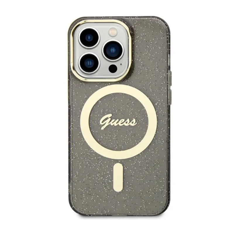 Guess Glitter Gold MagSafe – dėklas, skirtas iPhone 14 Pro (juodas)