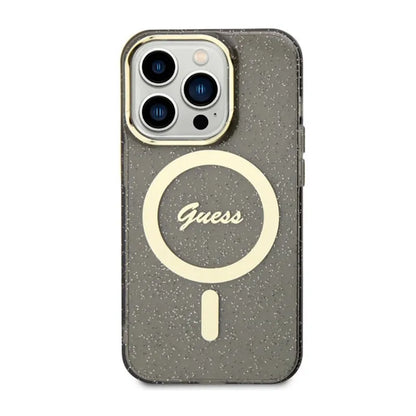 Guess Glitter Gold MagSafe – dėklas, skirtas iPhone 14 Pro (juodas)