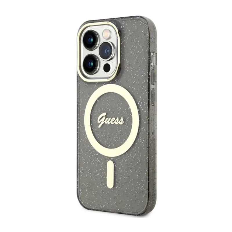 Guess Glitter Gold MagSafe – dėklas, skirtas iPhone 14 Pro (juodas)