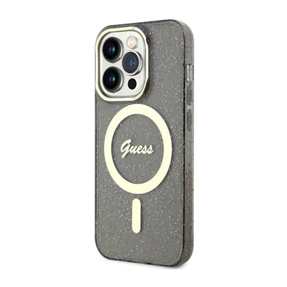 Guess Glitter Gold MagSafe – dėklas, skirtas iPhone 14 Pro (juodas)