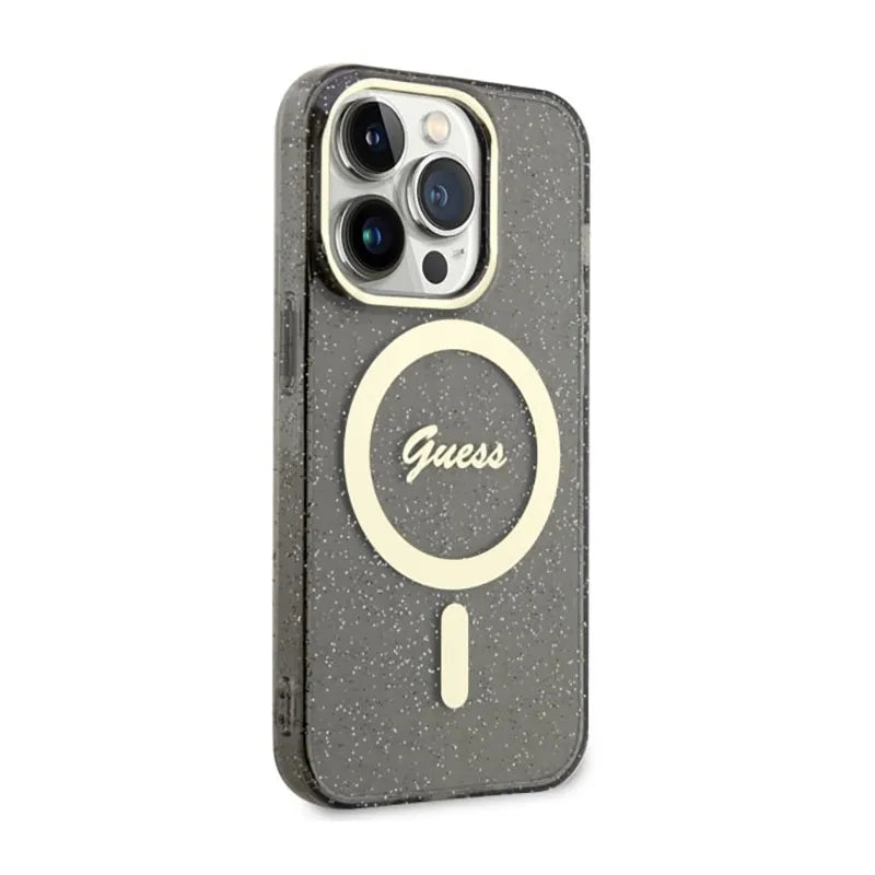 Guess Glitter Gold MagSafe – dėklas, skirtas iPhone 14 Pro (juodas)