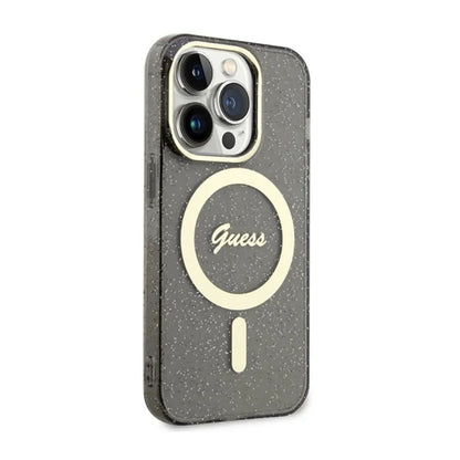 Guess Glitter Gold MagSafe – dėklas, skirtas iPhone 14 Pro (juodas)