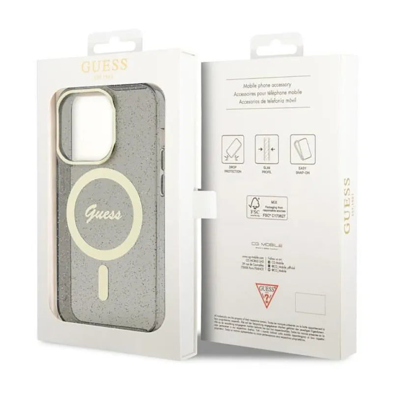 Guess Glitter Gold MagSafe – dėklas, skirtas iPhone 14 Pro Max (juodas)