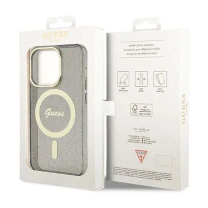 Guess Glitter Gold MagSafe – dėklas, skirtas iPhone 14 Pro Max (juodas)
