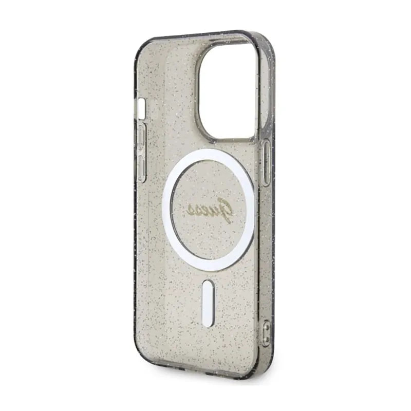 Guess Glitter Gold MagSafe – dėklas, skirtas iPhone 14 Pro Max (juodas)