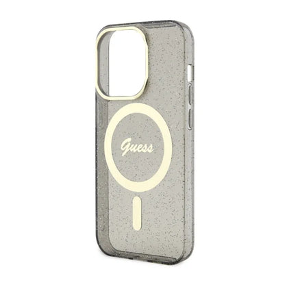 Guess Glitter Gold MagSafe – dėklas, skirtas iPhone 14 Pro Max (juodas)